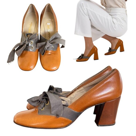 VINTAGE 90'S‎ Y2K LACE UP LEATHER COUTURIER BLOCK HEELS SZ. 7 1/2 - Picture 2 of 5